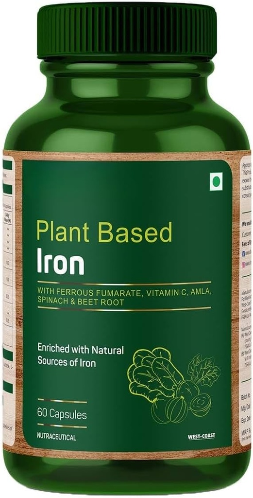 Ferro a base di piante con Ferrous Fumarate, Vitamina C, Spinach & Beet Root arricchito con sorgenti naturali di ferro – 60 capsule