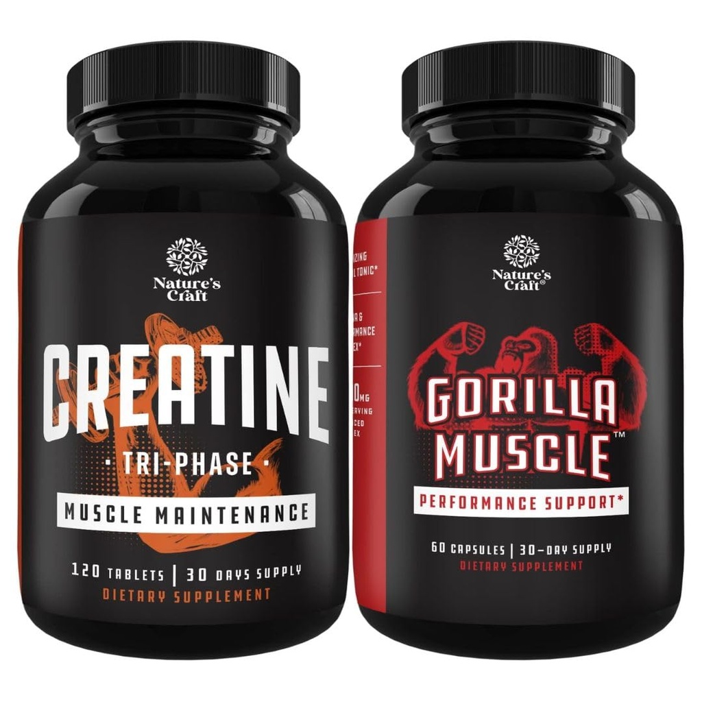 Bundle di Tri Phase Creatine Pills 5g e Booster di prova di forza extra per gli uomini - muscolo Mass Gainer e recupero del muscolo Creatina HCL Pyruvate - Integratore di energia naturale con l'erba arrapata