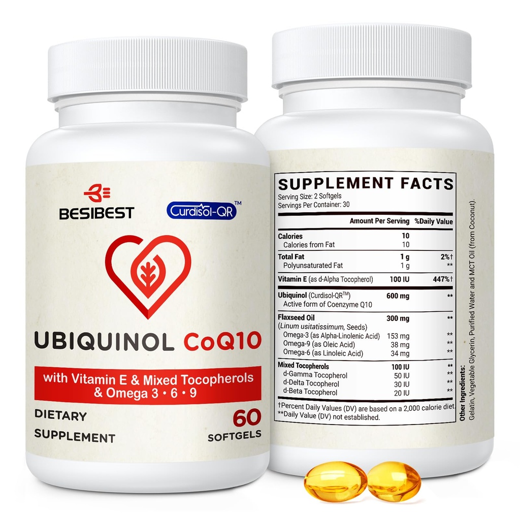 Besibest Ubiquinol CoQ10-600mg-Softgel, Active Coq10 Ubiquinol Supplemento con vitamina E & Omega 3, 6, 9, alto assorbimento-Coenzima-Q10, potente antiossidante per la produzione di energia, testato, 60 conte