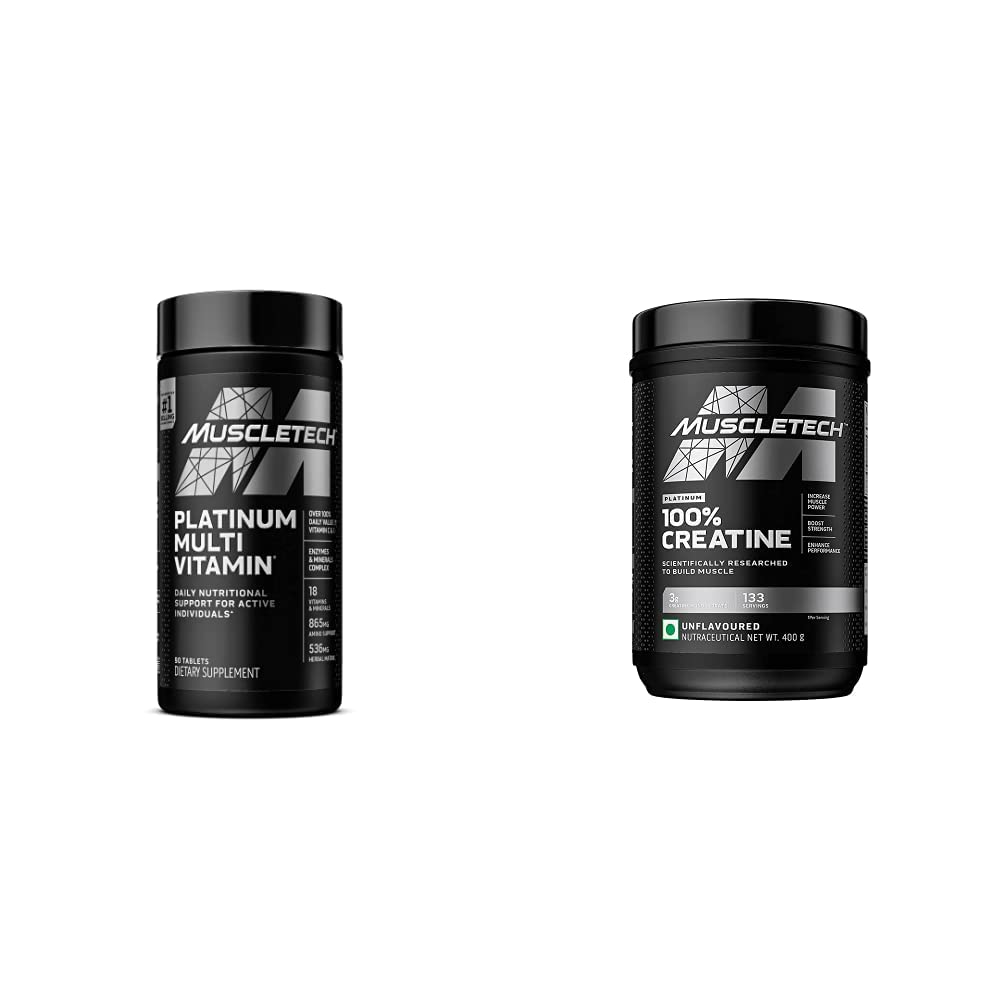 MuscleTech Creatine Monohydrate Powder Platinum Pure Micronized Muscle Recovery + Builder & Platinum Multivitamin per il supporto immunitario 18 Vitamine & Minerali