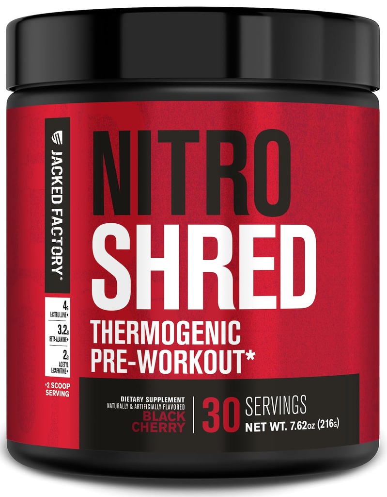 Jacked Factory NITROSURGE Shred Pre Workout Supplement - Energy Booster, Gains Instant Strength, Sharp Focus, Pompe potenti - Nitric Oxide Booster & PreWorkout Powder - 30Sv, Ciliegia nera