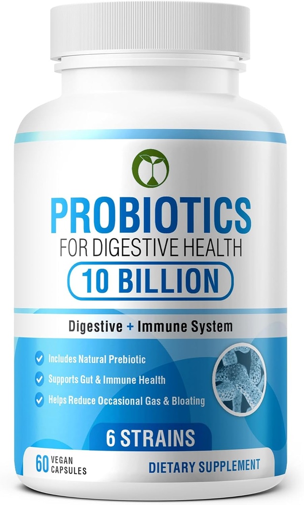 Probiotici per la salute digestiva 60 capsule | 10 miliardi di CFU scientificamente formulato Multi Strain miscela probiotica | Integratori organici con prebiotici per uomini e donne (10 miliardi di probiotici)