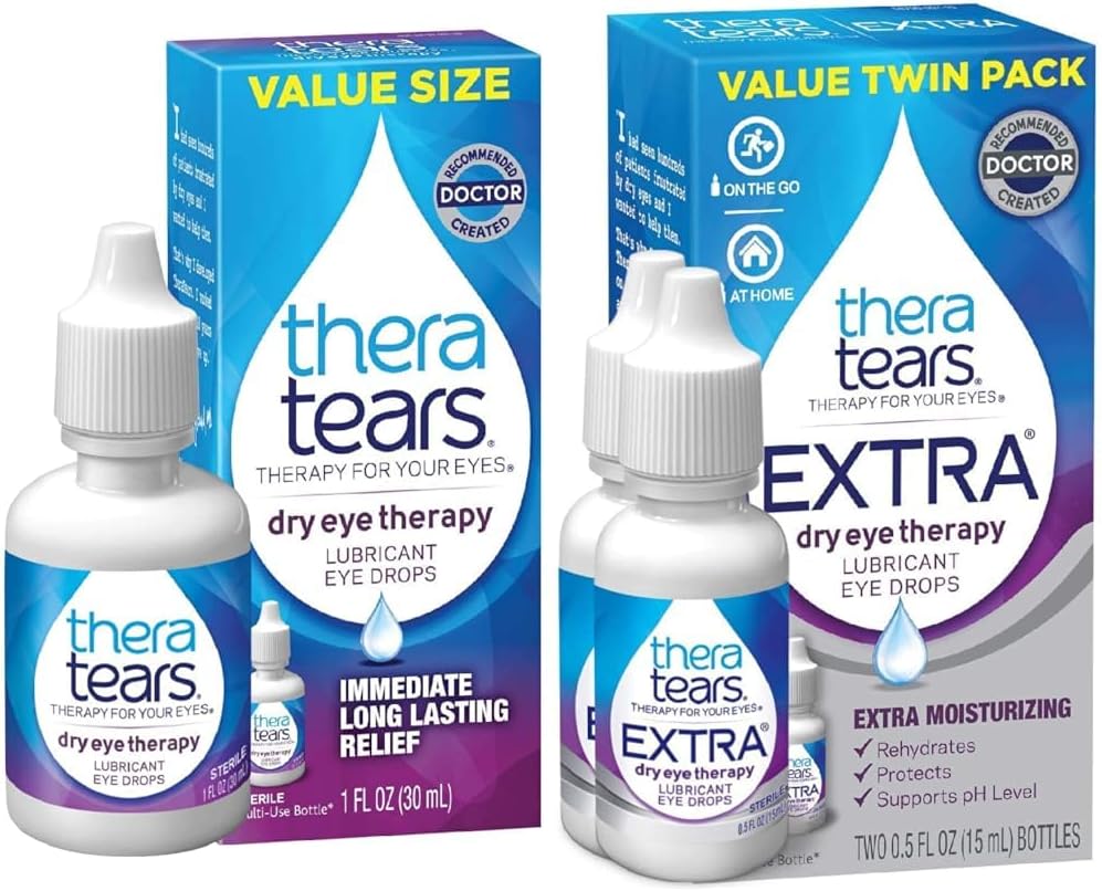 TheraTears Dry Eye Therapy Gocce per occhi secchi, 1.0 Fl Oz & Extra Dry Eye Therapy Lubricating Gocce per occhi secchi, fl oz Bottiglia, 2 Conte(Pack of 1)