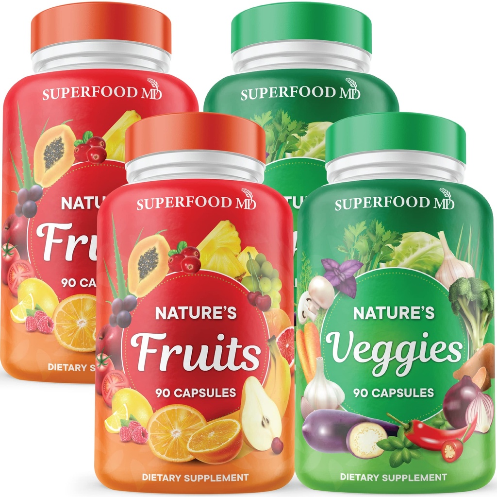 Superfood 180 Frutta e 180 Capsule Veggie - Superfici naturali di tutto cibo - Mantenere livelli di energia, con Aloe Vera - Soia Gratis (90 Conteggio (Pack of 4)