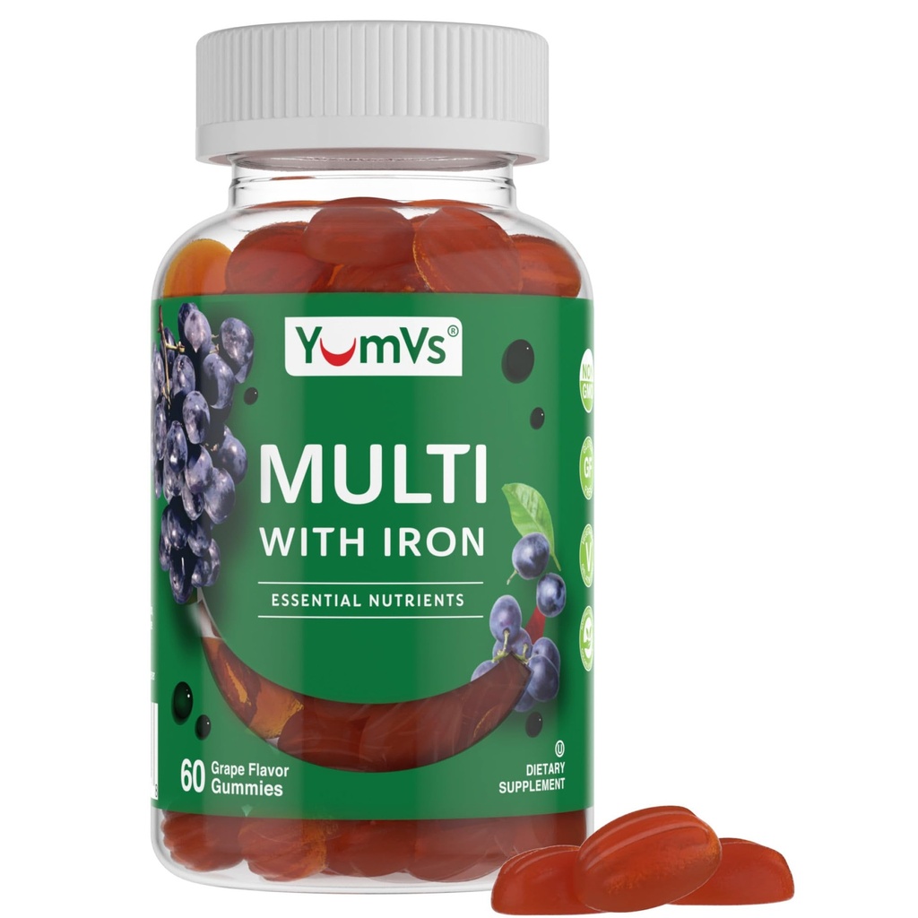 YUM-V'S Iron Gummies - Supplemento di ferro multivitaminico con vitamina C, A, B & Zinc, Supporta l'ossigeno sanguigno, integratori vegani per le donne, gli uomini e i bambini per la crescita e lo sviluppo - Uva Flavor | 60 Conte