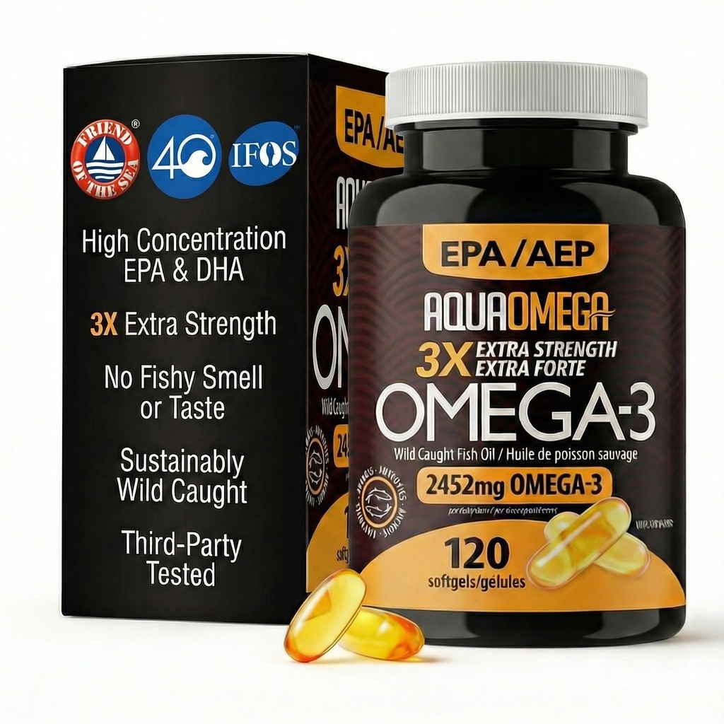 Supplementi di olio di pesce Omega 3 di tripla resistenza, olio di pesce Omega 3 di EPA e DHA Omega3 acidi grassi con vitamina D, supplemento Omega3 di alta potenza, 120 Softgels, non aromaed