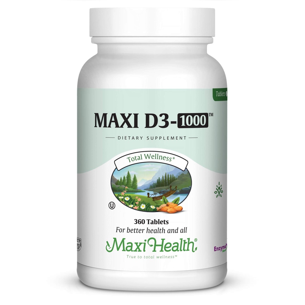 Vitamina Maxi-Health D3 1000 IU - per la funzione muscolare sana, la salute e il supporto immunitario – 360 compresse – Miglior integratore Kosher per gli adulti