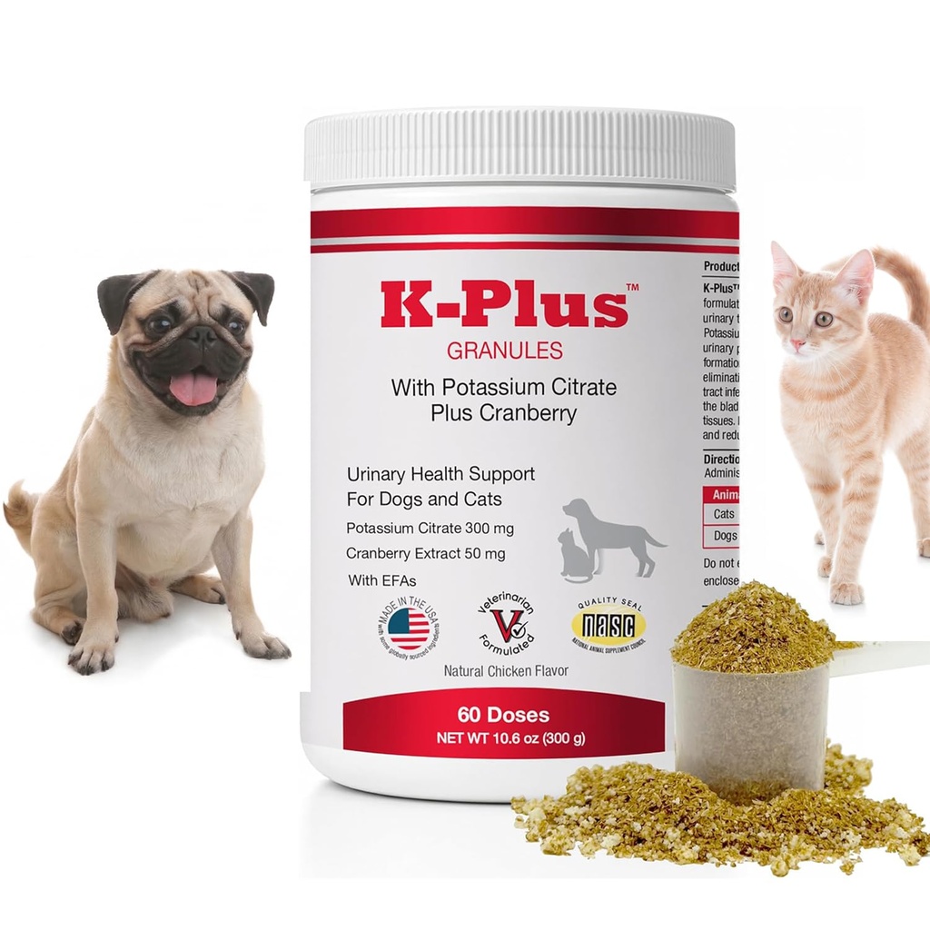 Citrato di potassio K-Plus + Granule di mirtillo per cani e gatti – Vet-Approved UTI & Supporto per la salute della vescica – aiuta a mantenere la funzione di bilanciamento urinario & rene – Granule facili da usare – 60 dosi