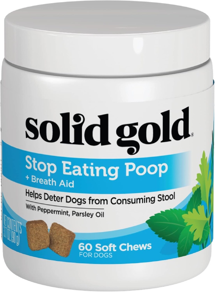 Solid Gold No Poo Chews for Dogs - Coprophagia Deterrent & Sgabello Mangiare Deterrent per Cani che Mangiano Poop Cane - Smettere di Mangiare Poop Chews con menta piperita & Probiotici per Gut & Supporto per l'aiuto al respiro - 60ct