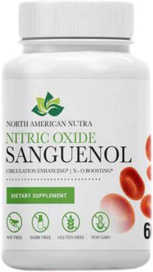 Nitric Oxide Sanguenol | Nitric Oxide Booster Supplemento | L-Citrullina 800mg, Spectra 100mg, L-Glutathione 80mg & Resveratrolo 30mg | Supporta la Circolazione, la salute del cuore, la pressione sanguigna | 60 Conte
