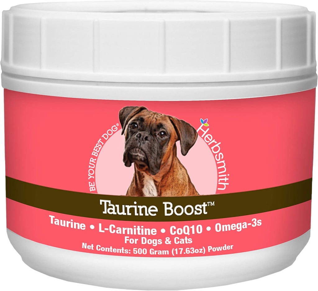 Herbsmith Taurine Boost - Cardiac e supporto cardiaco per cani e gatti - Supplemento taurino per la salute del cane e del gatto del cuore - con CoQ10, Taurina e L-Carnitina per cani - 500g