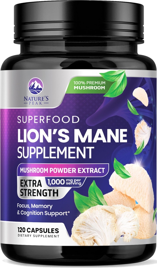 Lions Mane Mushroom Capsules 10.000mg - Lion’s Mane Supplement Capsule per Memoria e Supporto Focus, Cervello, Supporto per la Salute Immune, Vegan, Bottigliato negli Stati Uniti, Lions Mane Mushroom Powder Extract, 120 Count