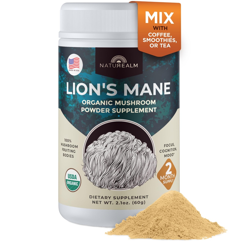 Naturealm Lion's Mane Mushroom Powder - Supporto organico del cervello per la precisione mentale della memoria di messa a fuoco - Funzione cognitiva non OGM - 60 Serve