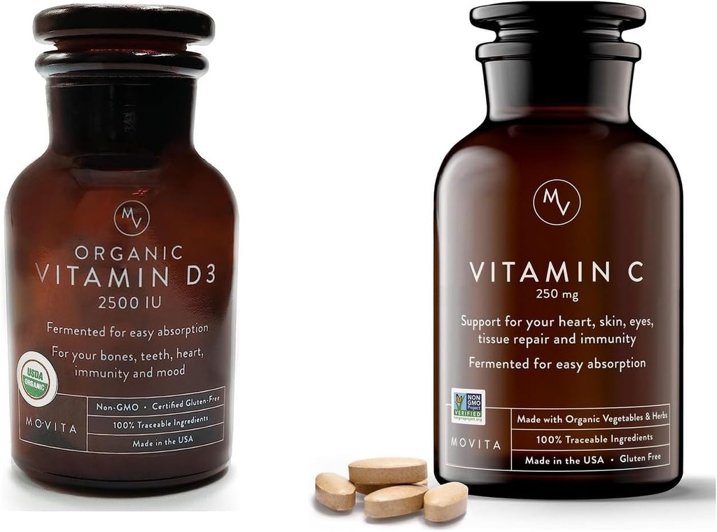 Movita Organic Vitamin D3 2500IU, Bottiglia Fermentata Vitamina C 250mg Bottiglia