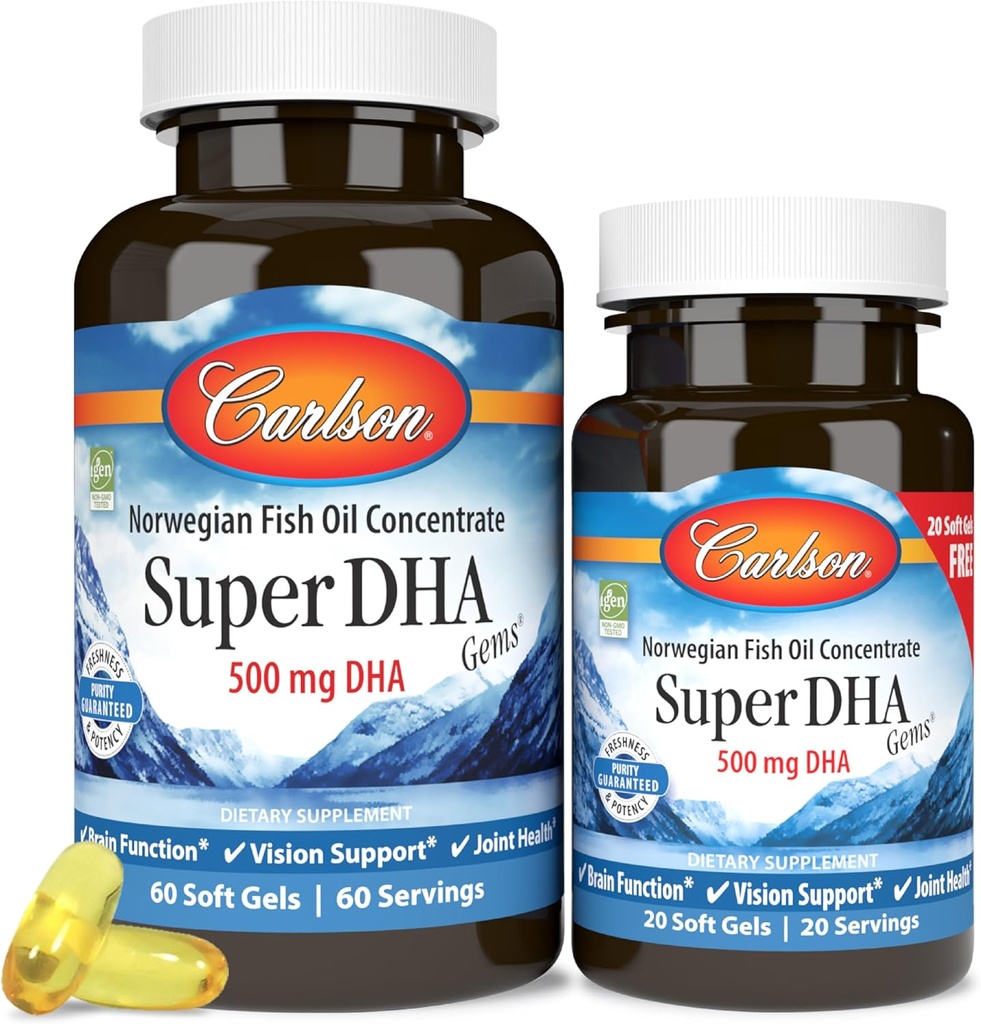 Carlson - Super DHA Gems, 500 mg DHA Supplementi, 640 mg acidi grassi, Wild-Caught Norwegian Arctic Fish Oil Concentrato, Sustainably Sourced Nordic Fish Oil Capsules, 60+20 Softgels