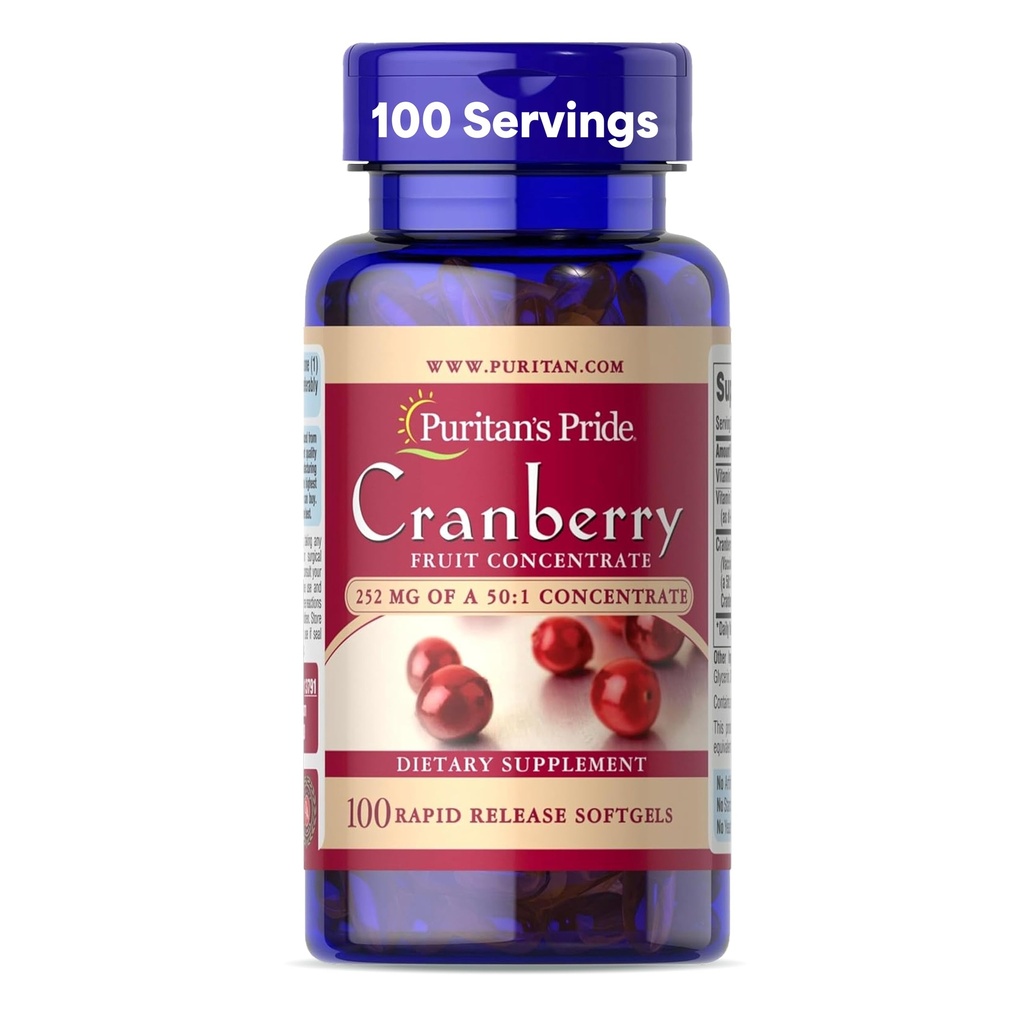 Puritan Pride Premium Cranberry Fruit Concentrato 252mg (12.600mg Equivalente) con Vitamine C ed E, Supplemento dietetico per il supporto del sistema immunitario, 100 Softgel a rilascio rapido