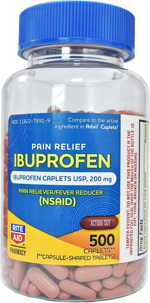 Farmacia Rite Aid Ibuprofen 200 mg - 500 Coated Brown Caplets - Dolore Reliever e Riduttore Di Fase - Migraine Relief - Back Pain Relief - Artrite Pain Relief Pills - Pain Killer