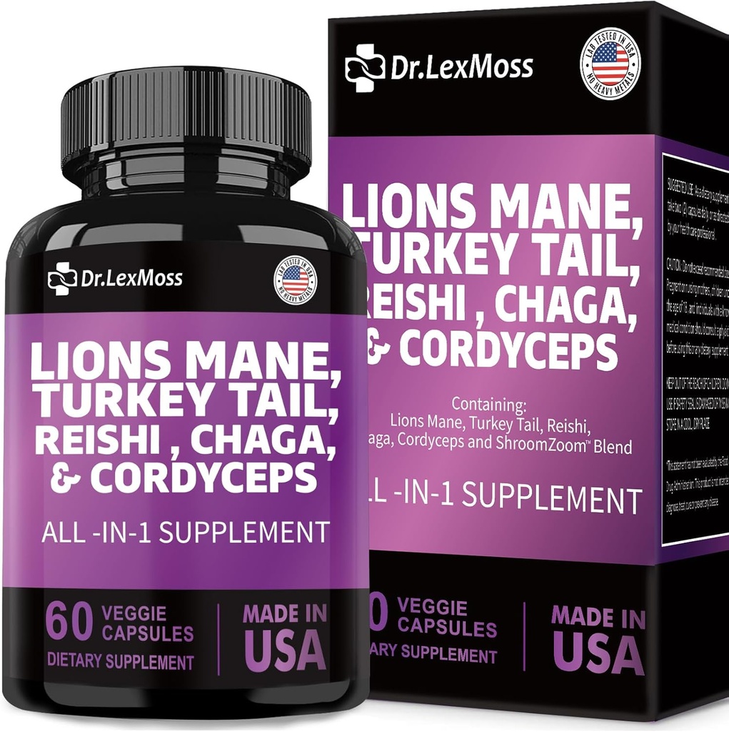 Lions Mane 3000mg, Turchia Tail 3000mg, Reshi 1000mg, Cordycps 10o0mg, Chaga 1000mg, Maitake Meshima Poria Cocos Shiitake Oyster Porcini Enoki con supplemento di funghi, 60 Capsule