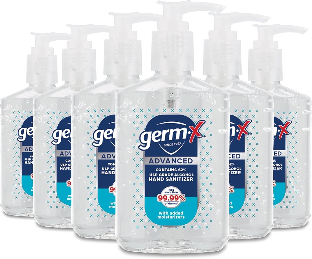 Germ-X Advanced Hand Sanitizer, Non-Drying idratante Clear Gel, Instant e No Rinse Formula, Back to School Supplies College, Pump Bottle, 8 Fl Oz (Pack of 6)