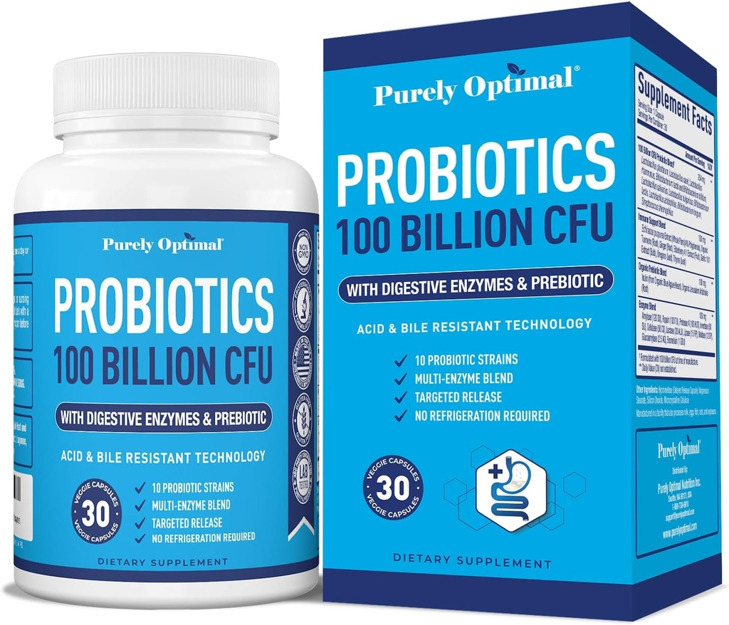 Probiotici Premium puramente ottimali (Tipi vari) w/Prebiotici organici & enzimi digestivi (30 conteggio (Pacchetto di 1), 100 miliardi di CFU)