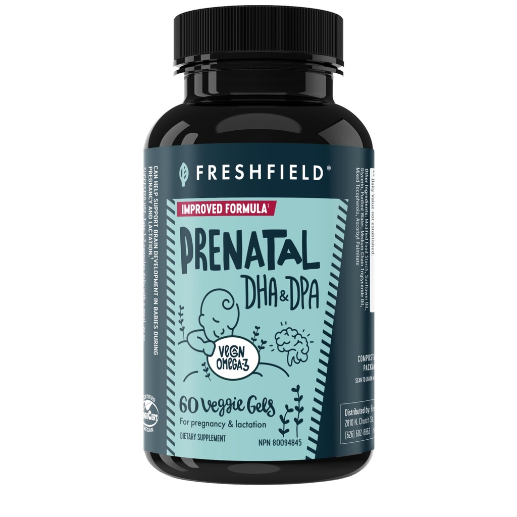 Freshfield Prenatal Vegan Omega 3 DHA: Sostenibile, Carrageenan Free, Terze Parti Testata, Bottiglia Compostable, Carbon Neutral. Supporta cuore, cervello, salute comune w/DPA