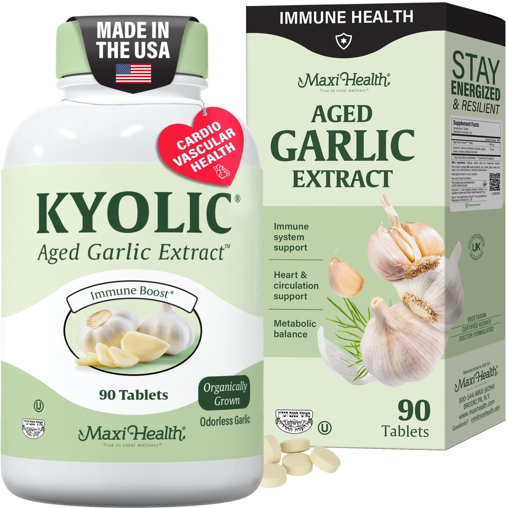 Maxi Salute Kyolic Organic Aglio Supplemento - Kosher Aglio Compresse con Kyolic Aged Estratto di Aglio per Supporto Immune - Pillole Aglio Vegetariano (90 Conte)