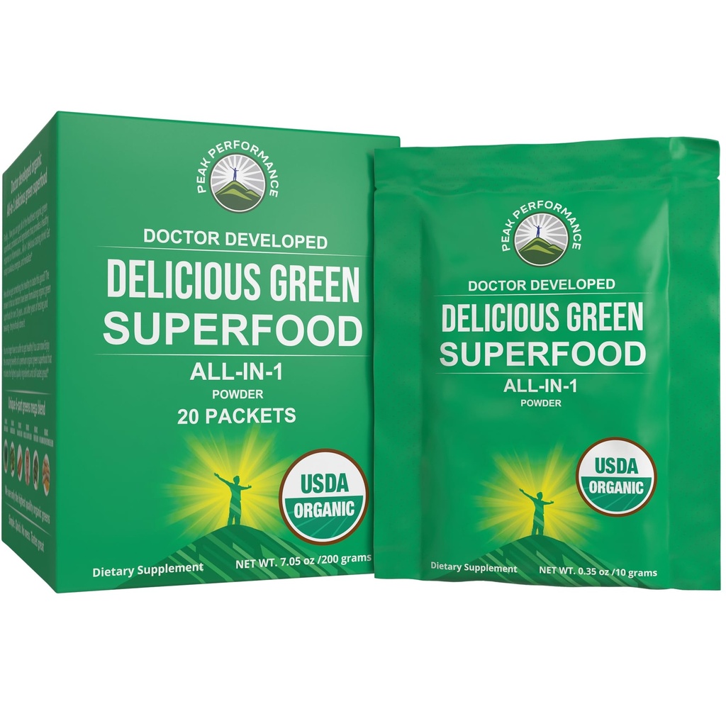 Picco Performance Organic Greens Superfood Powder Packets viaggio singolo Serve. Best Tasting Organic Green Juice Super Food con 25+ Tutti gli ingredienti naturali per la massima energia. (20 Confezione)