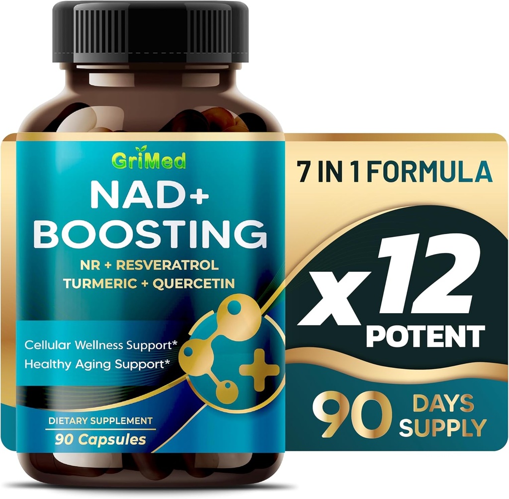 GriMed NAD + Boosting 16,550mg- x12 Potenza con NR + Resveratrolo Turmerico + Quercetina - Energia cellulare, Riparazione cellulare, Invecchiamento sano - USA Made & Tested (90 conteggio (pacchetto di 1))