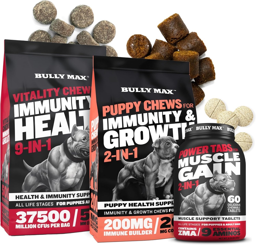Bully Max Dog Vitality Chews, Muscle Builder Tabs (60 schede) & Puppy Chews Bundle – Supplementi giornalieri del cane per il supporto muscolare, la salute immunitaria e la nutrizione completa per i cuccioli, gli adulti e gli anziani