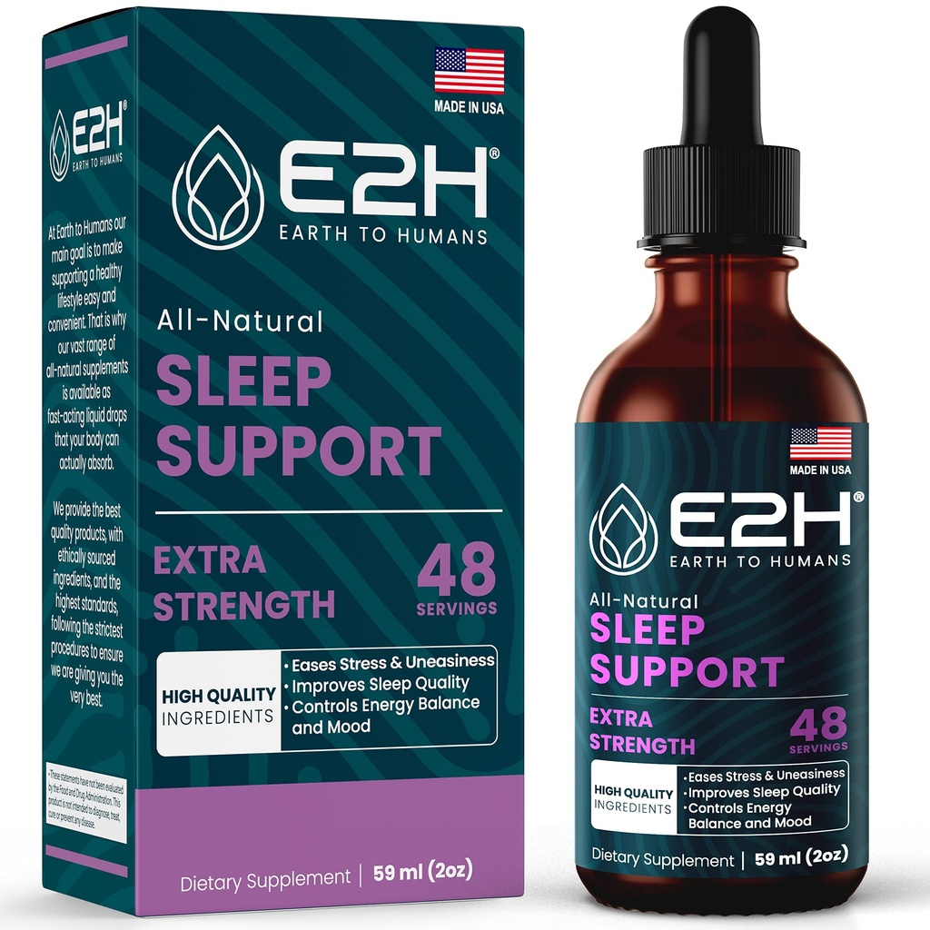 E2H Natural Sleep Support - Melatonina liquida con camomilla, Theanine - Sleep Better, Deeper, Longer - Vegan, GMO-Free - Fornisce Stress Relief - 2 Fl Oz