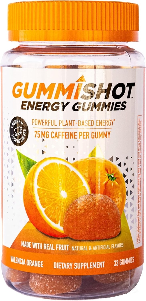 GummiShot Energy Gummies, 2475mg di Chews di Caffeina per Bottiglia, Booster di energia duratura lunga, Valencia Arancione (33ct)