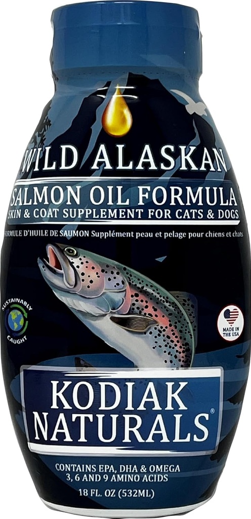 18oz Wild Alaskan Salmon Oil Formula per cani e gatti, una miscela bilanciata di oli di pesce puro con EPA e DHA da pesce selvaggio. Supporto per Skin & Coat, Giunti e Salute Immune.
