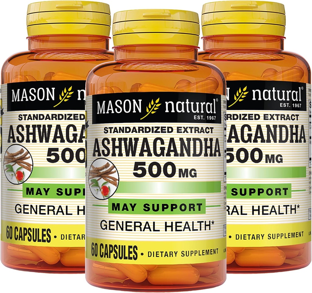 MASON NATURAL Ashwagandha 500 mg, Adaptogen per Stress & Energy Support, Integratore di erbe, 180 giorni di alimentazione