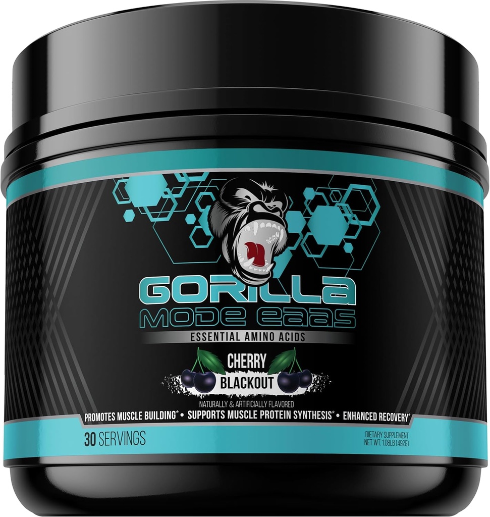 Gorilla Mind Aminoacidi essenziali per sostenere la costruzione del muscolo, il recupero migliorato e la sintesi proteica, Utilizzare prima, durante, o dopo il vostro allenamento, 492 grammi (Cherry Blackout)
