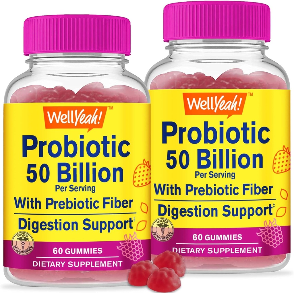 WellSì (2 Confezione 50 miliardi di Probiotici + Prebiotici per Uomini e Donne Gummies - Supporto Digestivo, Salute Gut, Gomma di Supporto Immune - Probiotici per la Salute Digestiva con 12 Strains - 60 Gummies