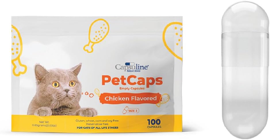 Capsuline PetCaps Size 3 Empty Gelatin Capsule per Gatti di tutte le fasi di vita, Pollo aromatizzato - 100 Count| Nasconde Taste & Scent | Gluten Free, Kosher, Non OGM Certified | Pure Bovine Pill Caps