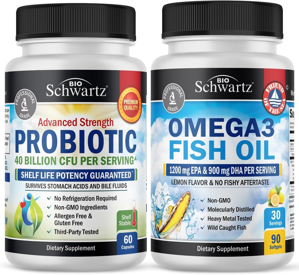Triple Strength Omega 3 Fish Oil Softgels (1 mese di fornitura) Plus 40 miliardi CFU Daily Probiotic Supplemento (1 mese di fornitura)
