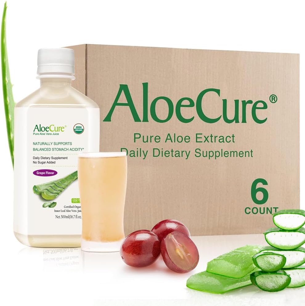 AloeCure USDA Organic Aloe Vera Juice Grape Flavor, fatto entro 12 ore di raccolto - Pure Aloe Vera Digestive & Immune Health Supplement, aiuta a mantenere l'acidità bilanciata della stomach, 16.7oz x 6 Btls