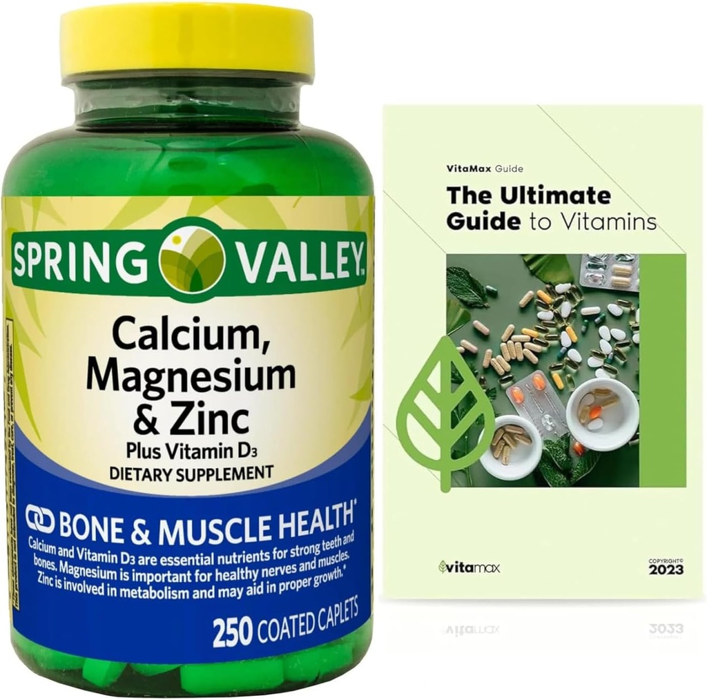Calcio, Magnesio, Zinco e Vitamina D3. Guida esclusiva della vitamina + Calcio della Valle di Primavera, Magnesio & Zinc Plus Vitamina D3 Caplets Integratore alimentare, 250 Conte