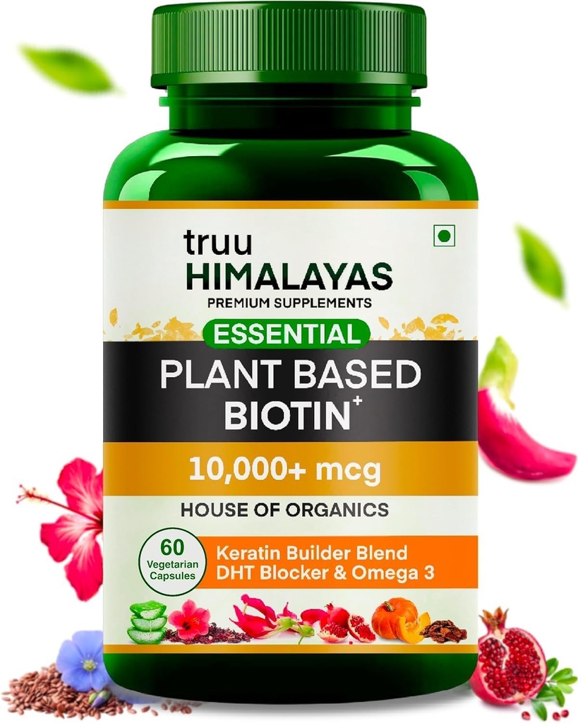Biotina a base vegetale 10000mcg per la crescita dei capelli con Blocker DHT, Keratin & Omega 3 supplemento vitali per gli uomini e le donne - Nutrienti ayurvedici per caduta dei capelli, pelle e salute delle unghie - 60 capsule