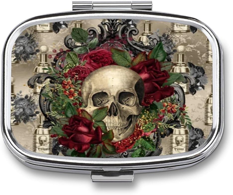 Metallo 2 Compartment Pill Organizer Travel Friendly Portable Compact Pill Box Cute Pill Case per tenere Vitamine, Olio di Fish,Supplements,Meds,Tablet for Purse,Pocket. (Skull)