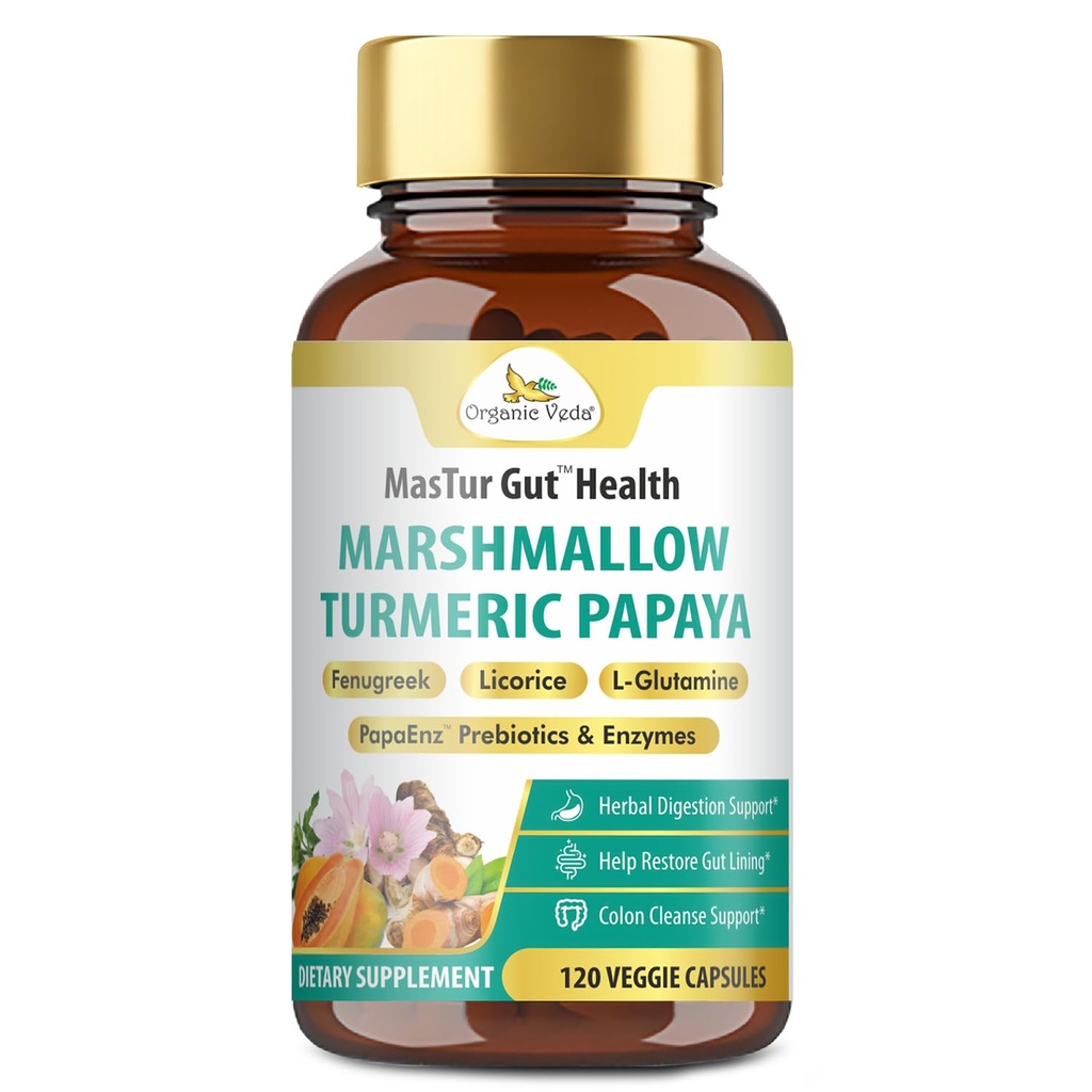 Organic Veda Marshmallow Turmeric Gut Supplement - Salute della digestione, Leaky Gut Repair & Cleanse Support - Papaya Digestive Enzymes, Prebiotics, L-Glutamine, Green Banana, Psyllium Husk - 120 Capsule