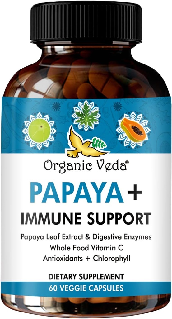 Organic Veda Papaya Leaf Plus Supplemento - Capsule Immune con Enzimi Digestivi Papaya, Clorofilla, Estratto di semi di Uva, Vitamina C - Bone Marrow & Gut Health - 60 ct