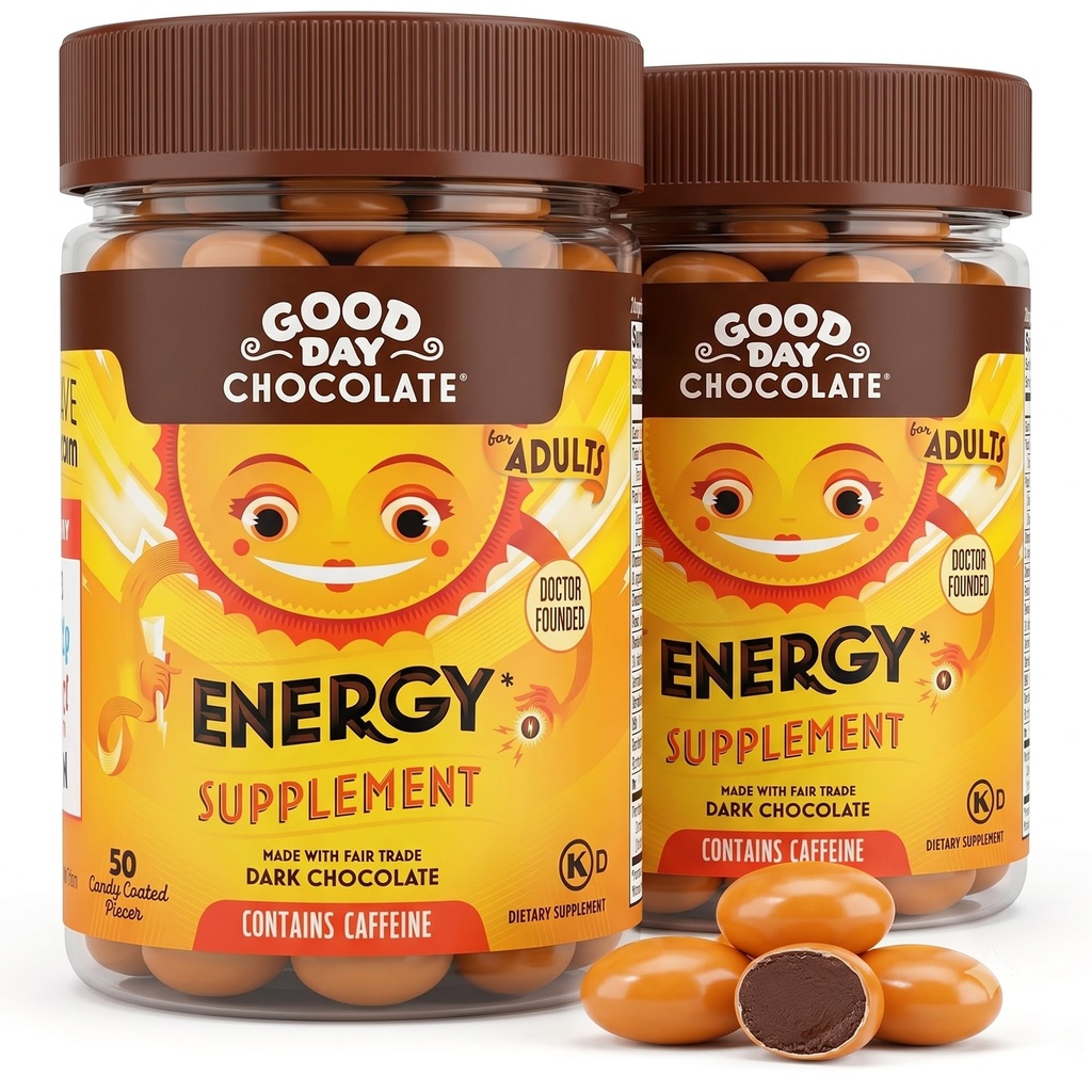 Buon giorno Integratori di energia del cioccolato per adulti [2 Pack] Cioccolato di caffeina di commercio equo con B-Vitamins, Estratto di tè verde e 20 mg di caffeina per pezzo - Booster di energia per le donne e gli uomini