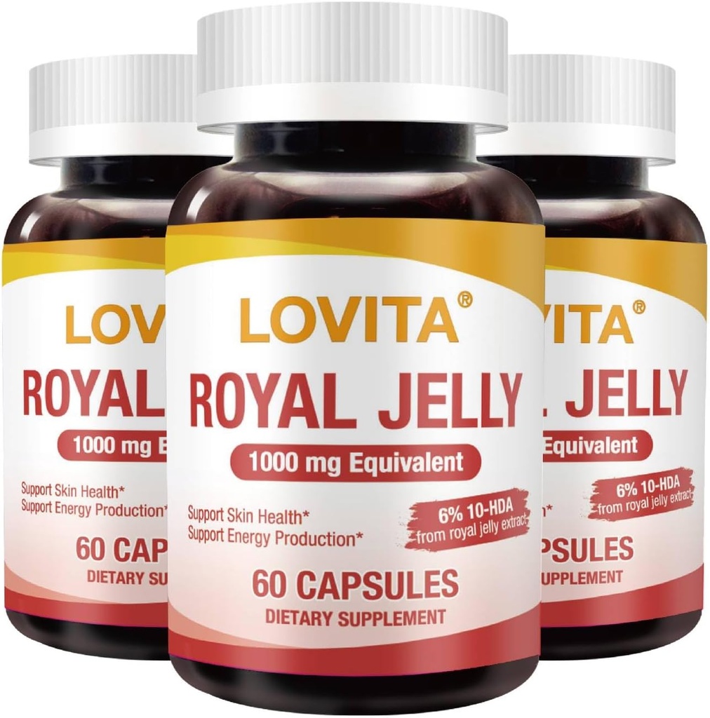 Lovita Royal Jelly 333 mg, 3:1 Concentrato, con 20mg 10-HDA, Sorgente naturale Super Cibo, Supporta la salute della pelle e la produzione di energia, 60 capsule (Pack of 3)