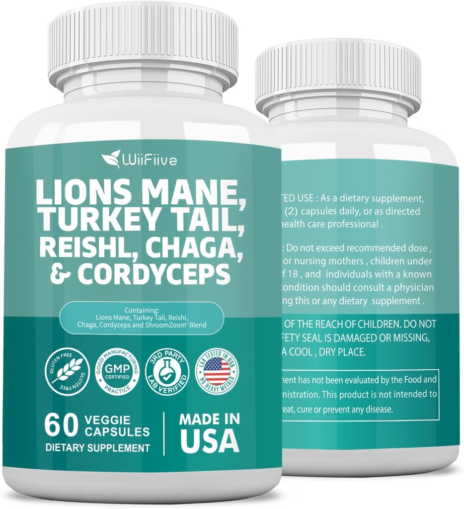 Lions Mane 3000mg Turchia Tail 3000mg Reishl 1000mg Chaga 1000mg Cordyceps estratto di polvere contenenti Maitaake Shiitake Black Fungus, supplemento di pannocchia, integratori minerali, 60 capsule