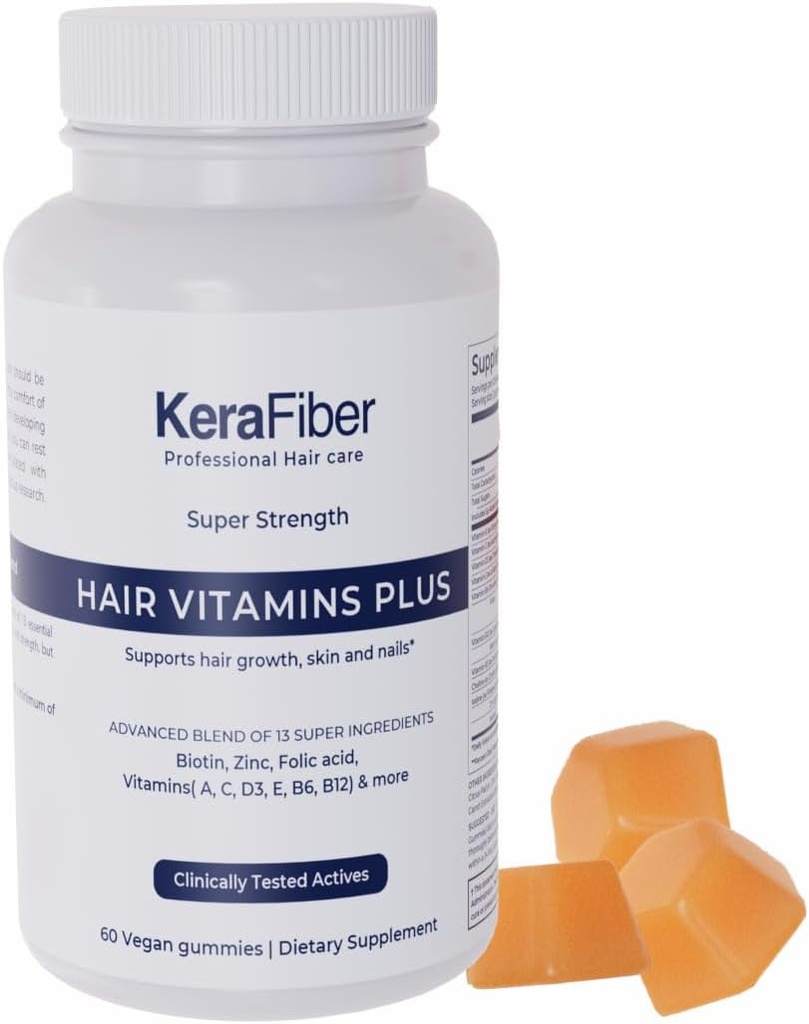 KeraFiber Professional Hair Vitamins Plus Gummies - Biotin Hair Growth Supplements - Vegan Hair Vitamins with Zinc, Vitamine A, C, D, E, B6, B12 - Supports Hair Growth, Skin & Nails - 60 Count