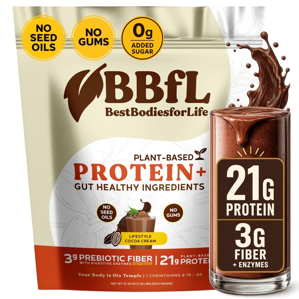 BBfL Shake proteina basata sulle piante – 21g Proteine Vegan, Aceto di sidro di cacao + mela, Prebiotici, Enzimi digestivi, Supporti Salute Gut – Shake all-in-One per le donne e gli uomini (15 Serve, Crema di cacao)