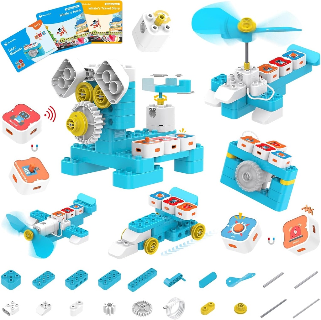 WhalesBot A1 giocattolo di coding per bambini, robot di blocco di costruzione, STEM divertente Giocattolo con regolatore magnetico e blocchi del sensore, codifica senza schermo con 3 guide per bambini 3-6