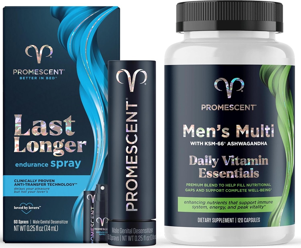 Promescent Deensitizing Delay Spray per gli uomini clinicamente dimostrato di aiutare a lungo a letto + Multivitamina per gli uomini, vitamina B12, vitamina C, vitamina D3, KSM-66 Ashwagandha, qualità Mens Multivitamins